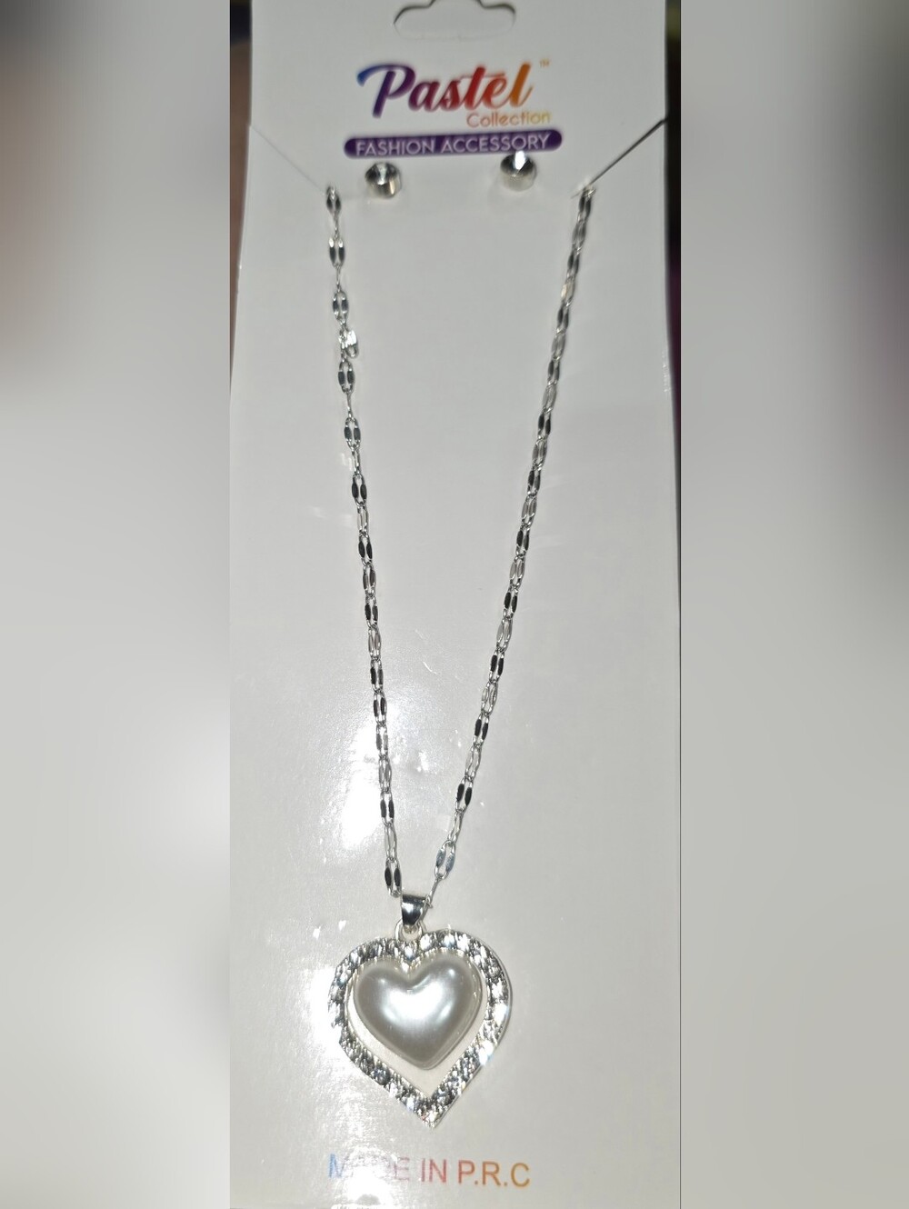 Silver Crystal Heart Pendant Necklace with Faux Pearl Center